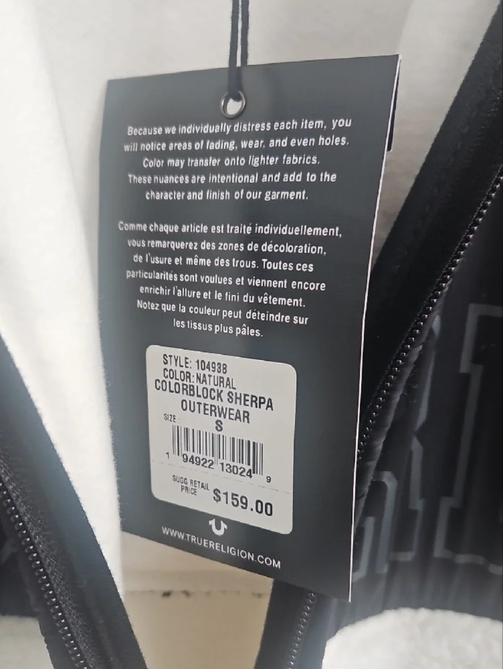 True Religion Black and White Sherpa Zip-Up Jacket